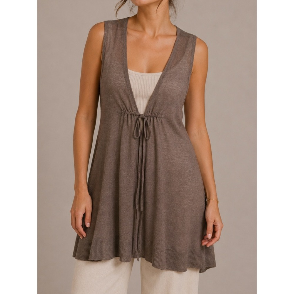 Eileen Fisher Womens Brown 100% Linen Longline Knit Vest Drawstring Waist Size L